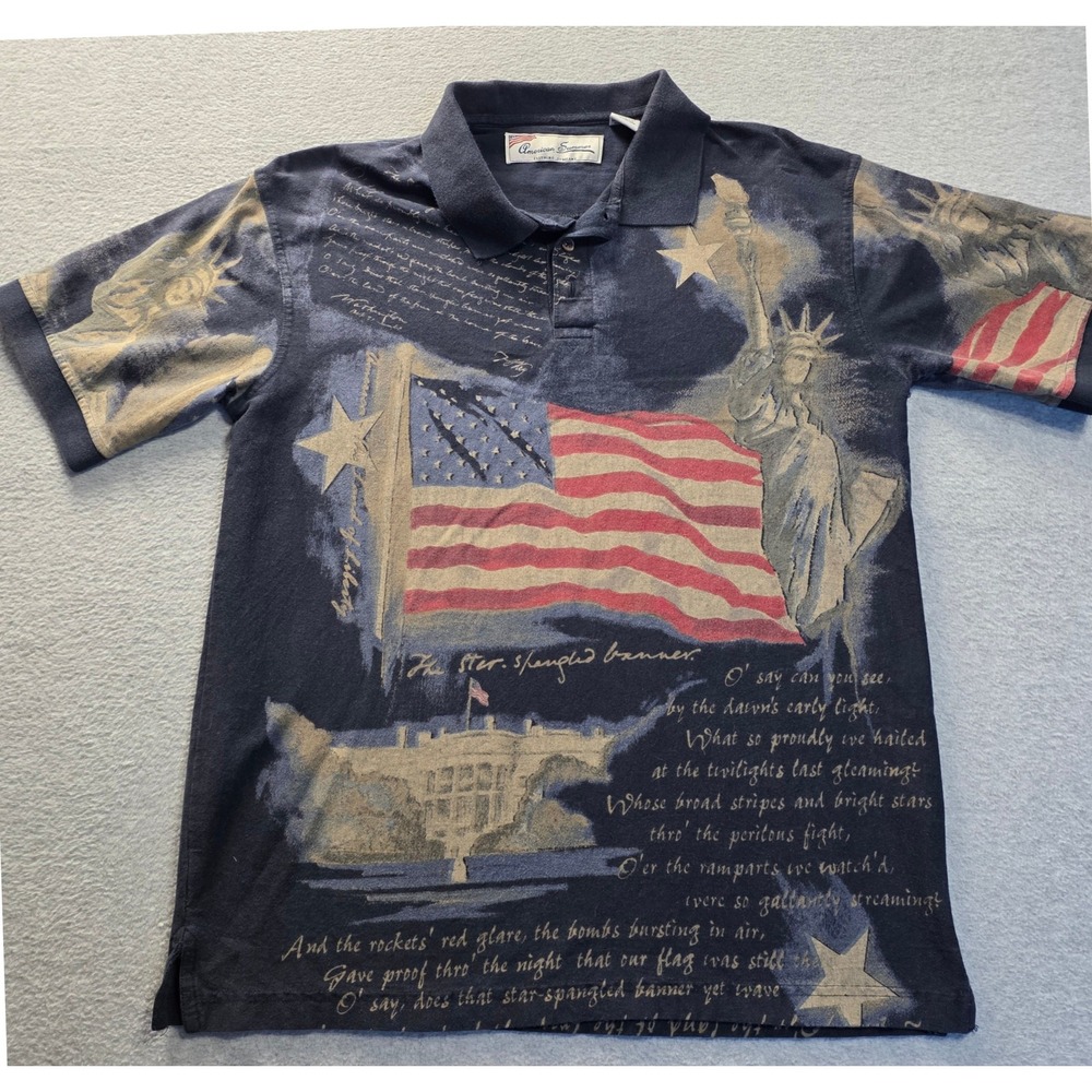 American Summer Mens M Patriotic Navy Blue Flag Statue of Liberty Polo Shirt SS